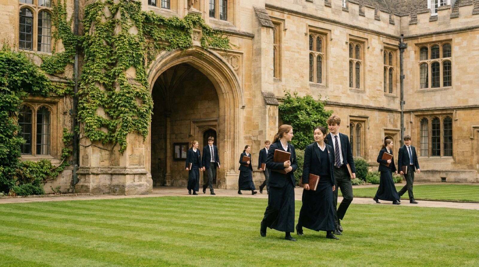 An Oxford-stone school quad with ivy and students in uniform